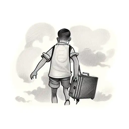 the subject is a boy with a suitcase in his hand seen from behind. the subject is walking towards an Engl tattoo design idea