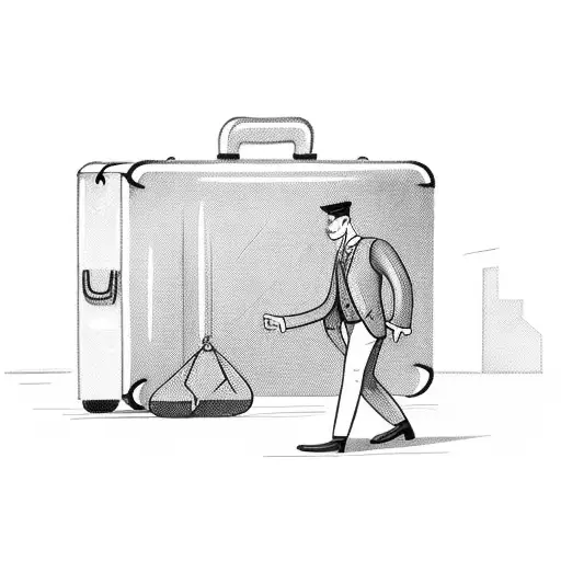 the subject is a man with a suitcase in his hand seen from behind. the subject is walking towards an Engl tattoo design idea