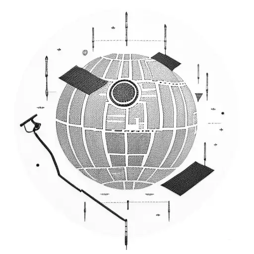 A blackwork tattoo of the Death Star surrounded by gym equipment tattoo design idea
