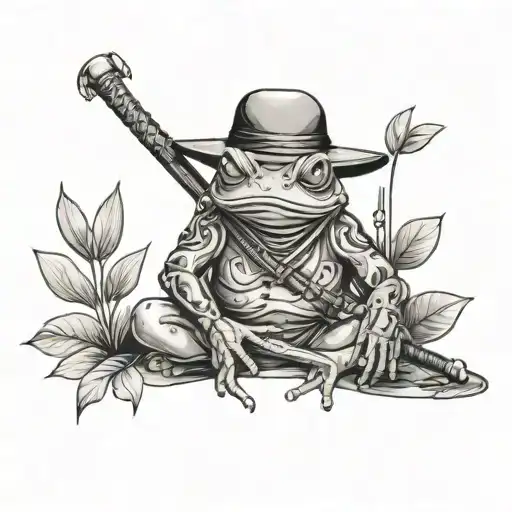 samurai frog with hat on and sitting on a leaf with a katana and a pipe tattoo design idea