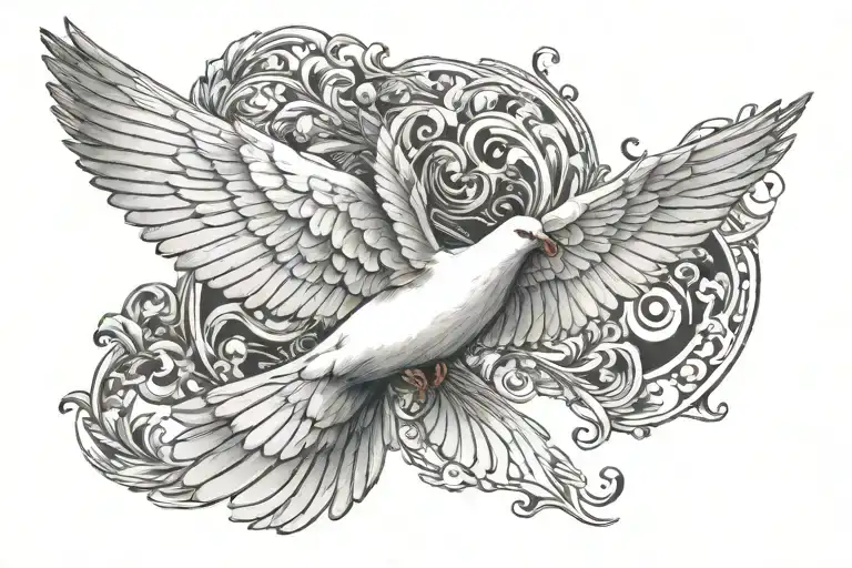 Design a graceful white dove chest tattoo with the dove depicted in mid-flight, wings spread wide. tattoo design idea
