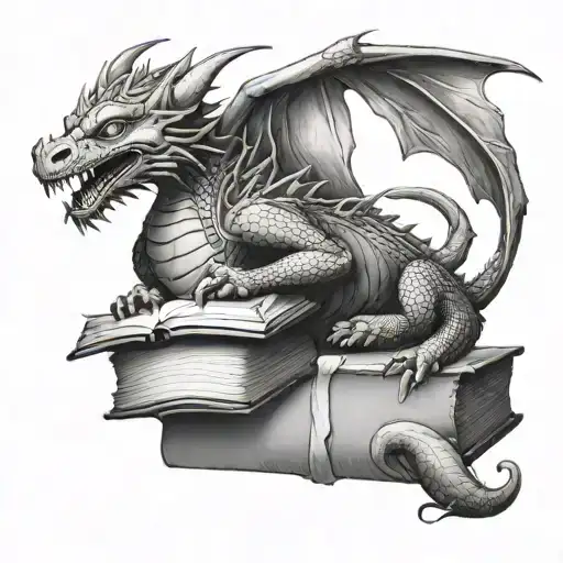 DRAGON SLEEPING ON BOOKS tattoo design idea