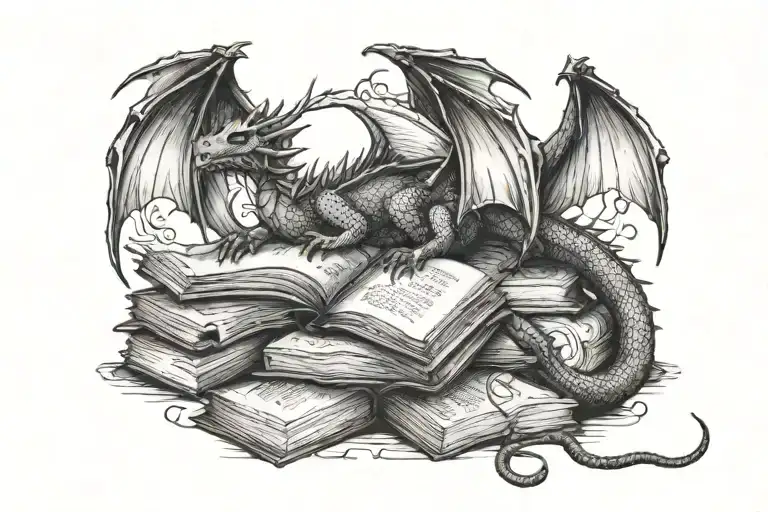 DRAGON SLEEPING IN BOOKS tattoo design idea
