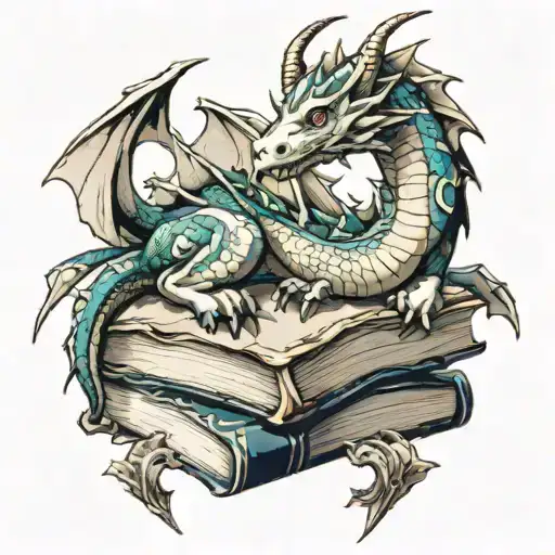 DRAGON SLEEPING ON BOOKS tattoo design idea