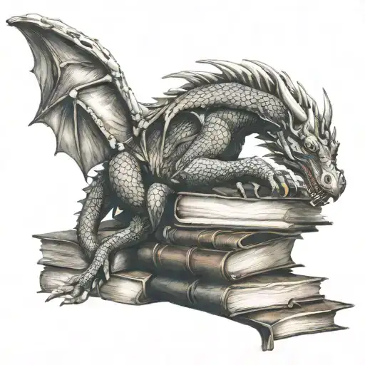 DRAGON SLEEPING ON BOOKS tattoo design idea