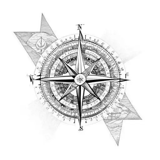 A compass rose with Tom Petty lyrics as the cardinal directions, surrounded by ocean waves tattoo design idea