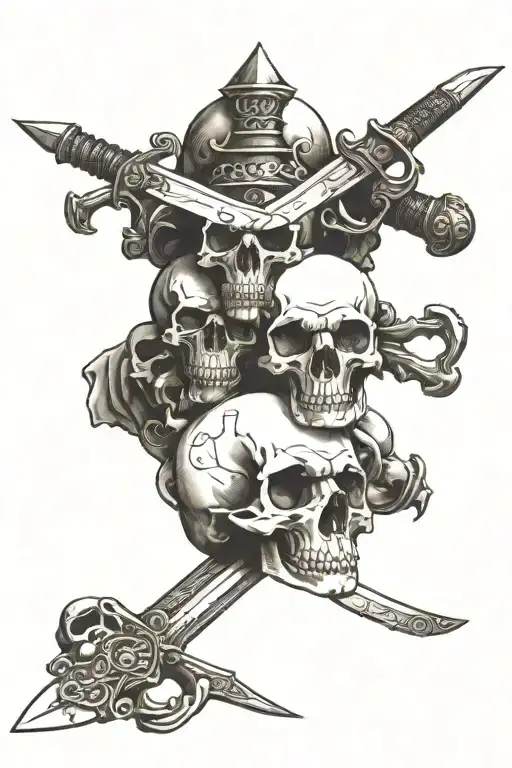 old sword stuck in a pile of skulls surrounded tattoo design idea
