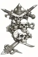 old sword stuck in a pile of skulls surrounded tattoo design idea