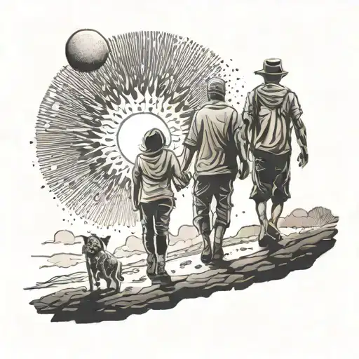 The guy goes to the sun on a difficult and long road, he is accompanied by his beloved wife and little son tattoo design idea