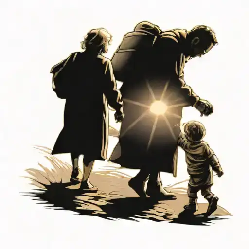 The guy goes to the sun on a difficult and long road, he is accompanied by his beloved wife and little son tattoo design idea