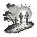 The guy goes to the sun on a difficult and long road, he is accompanied by his beloved wife and little son tattoo design idea