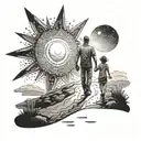 The guy goes to the sun on a difficult and long road, he is accompanied by his beloved wife and little son tattoo design idea