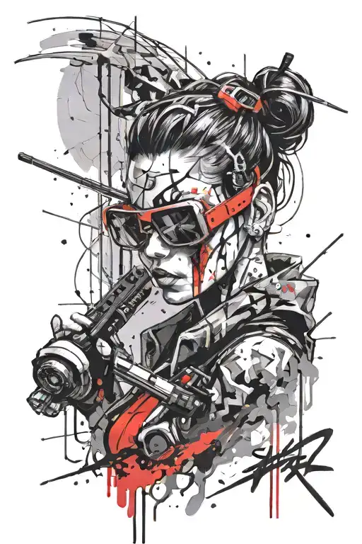 cyberpunk girl with vr glasses and a lightning katana tattoo design idea