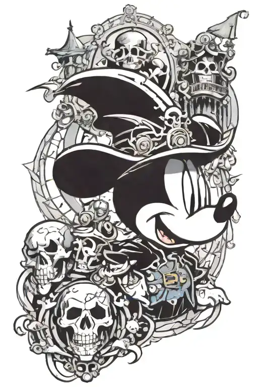Mickey mouse, pirates of the carribean, haunted mansion tattoo design idea