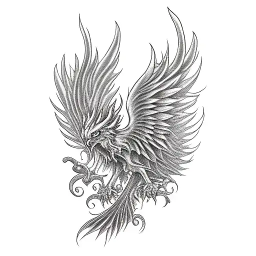 Phoenix with flame and lot of tails roaring back to life tattoo design idea