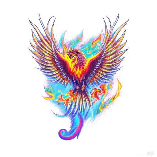 Phoenix with flame and lot of tails roaring back to life tattoo design idea