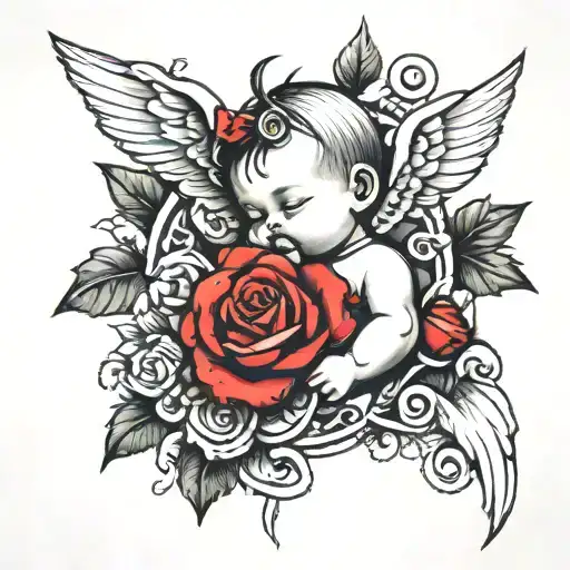 Red ink baby angle with roses tattoo design idea