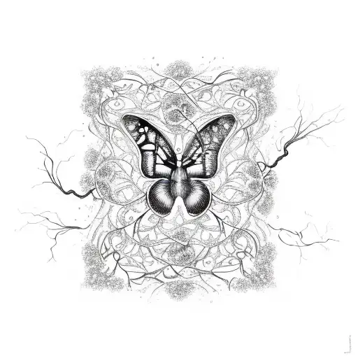A delicate butterfly with intricate floral patterns, surrounded by swirling vines and illuminated by a glowing lightning bolt. tattoo design idea