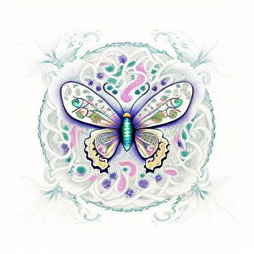 A delicate butterfly with intricate floral patterns, surrounded by swirling vines and illuminated by a glowing lightning bolt. tattoo design idea