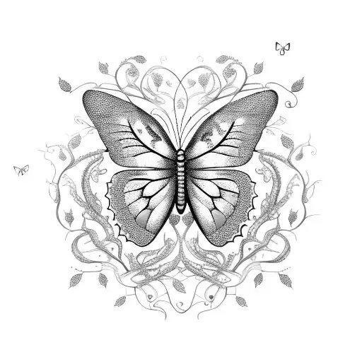 A delicate butterfly with intricate floral patterns, surrounded by swirling vines and illuminated by a glowing lightning bolt. tattoo design idea