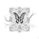 A delicate butterfly with intricate floral patterns, surrounded by swirling vines and illuminated by a glowing lightning bolt. tattoo design idea