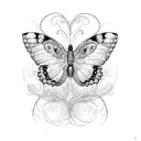 A delicate butterfly with intricate floral patterns, surrounded by swirling vines and illuminated by a glowing lightning bolt. tattoo design idea