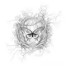 A delicate butterfly with intricate floral patterns, surrounded by swirling vines and illuminated by a glowing lightning bolt. tattoo design idea