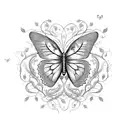 A delicate butterfly with intricate floral patterns, surrounded by swirling vines and illuminated by a glowing lightning bolt. tattoo design idea