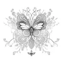A delicate butterfly with intricate floral patterns, surrounded by swirling vines and illuminated by a glowing lightning bolt. tattoo design idea