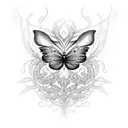 A delicate butterfly with intricate floral patterns, surrounded by swirling vines and illuminated by a glowing lightning bolt. tattoo design idea