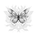 A delicate butterfly with intricate floral patterns, surrounded by swirling vines and illuminated by a glowing lightning bolt. tattoo design idea
