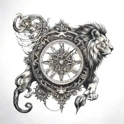 Odin and the Lion and the Clock Compass Chain tattoo design idea
