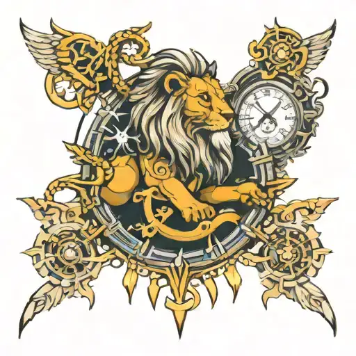 Odin and the Lion and the Clock Compass Chain tattoo design idea