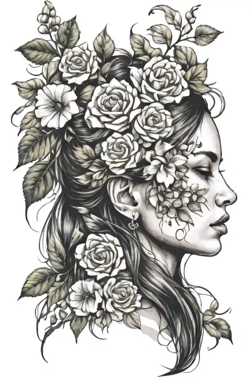 sureealistic womans face with long hair flowers and other nature accents  tattoo design idea