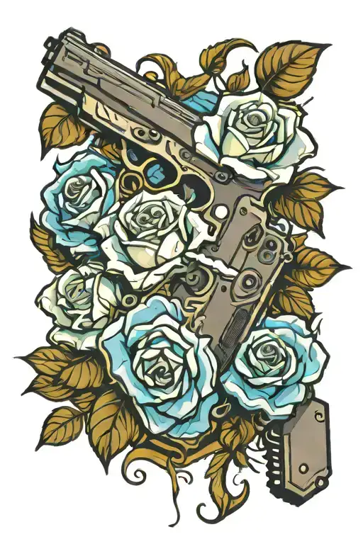 glocks with switch  and blue  roses  tattoo design idea