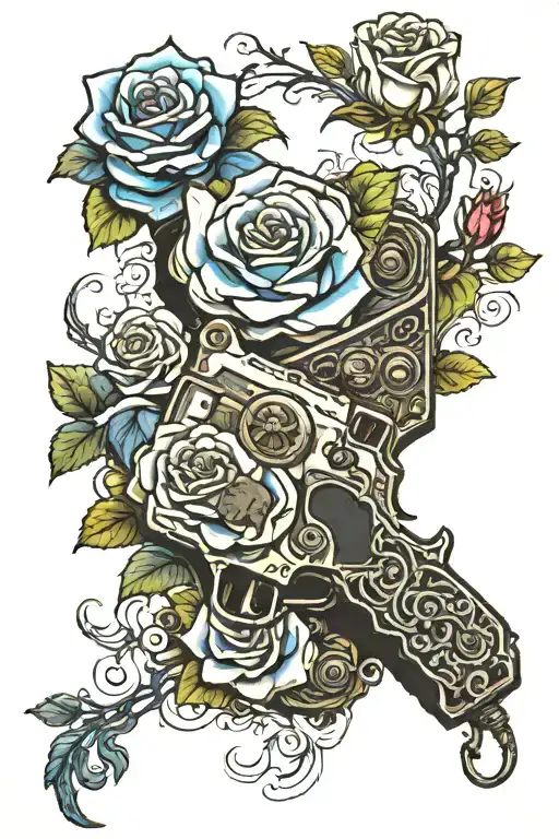 glocks with switch  and blue  roses  tattoo design idea