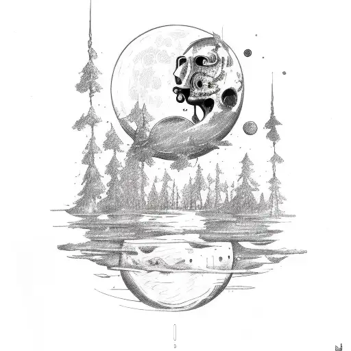 a moon with human face with a illustration style old school and manual, black and white tattoo design idea