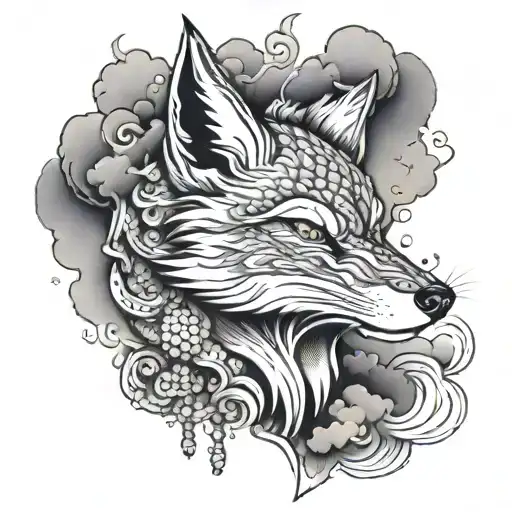 Angry fox spirit head, kitsune, clouds, japanese fanatsy,  Katsushika Hokusai tattoo design idea