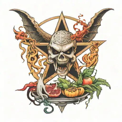 pentagram, satan, lucifer eating sinners heaven tattoo design idea