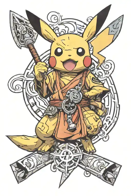Pikachu with references to naruto, avatar the last Airbender, Fullmetal alchemist, and one piece tattoo design idea