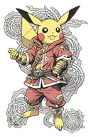 Pikachu with references to naruto, avatar the last Airbender, Fullmetal alchemist, and one piece tattoo design idea