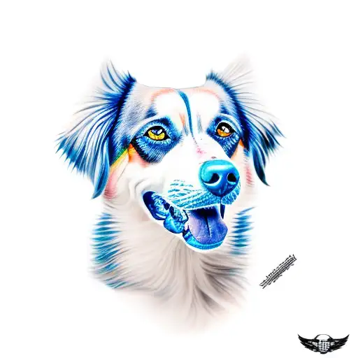 A realistic portrait of a unique mixed breed dog with striking blue eyes tattoo design idea