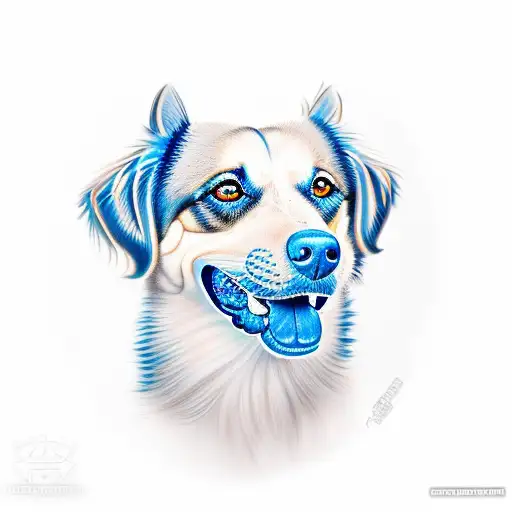 A realistic portrait of a unique mixed breed dog with striking blue eyes tattoo design idea