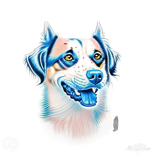 A realistic portrait of a unique mixed breed dog with striking blue eyes tattoo design idea