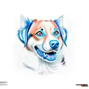 A realistic portrait of a unique mixed breed dog with striking blue eyes tattoo design idea