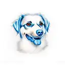 A realistic portrait of a unique mixed breed dog with striking blue eyes tattoo design idea