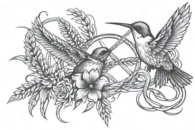 infinity symbol with a humming bird  on one side and wheat stalk intertwined on the other tattoo design idea