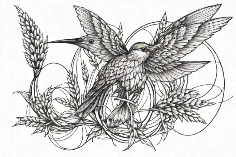 infinity symbol with a humming bird  on one side and wheat stalk intertwined on the other tattoo design idea