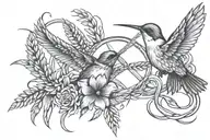 infinity symbol with a humming bird  on one side and wheat stalk intertwined on the other tattoo design idea