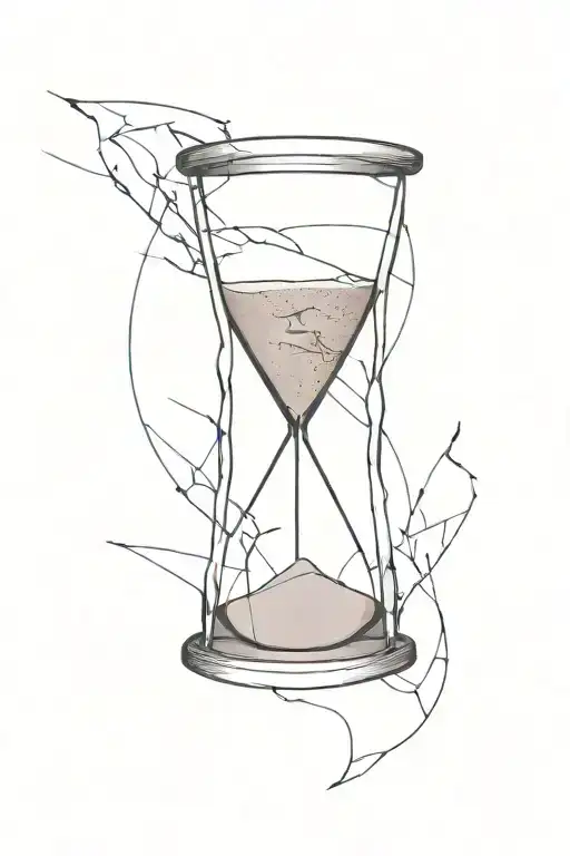 A dark, fragmented hourglass with shattered glass spilling sand, representing time slipping away uncontrollably. Surroun tattoo design idea
